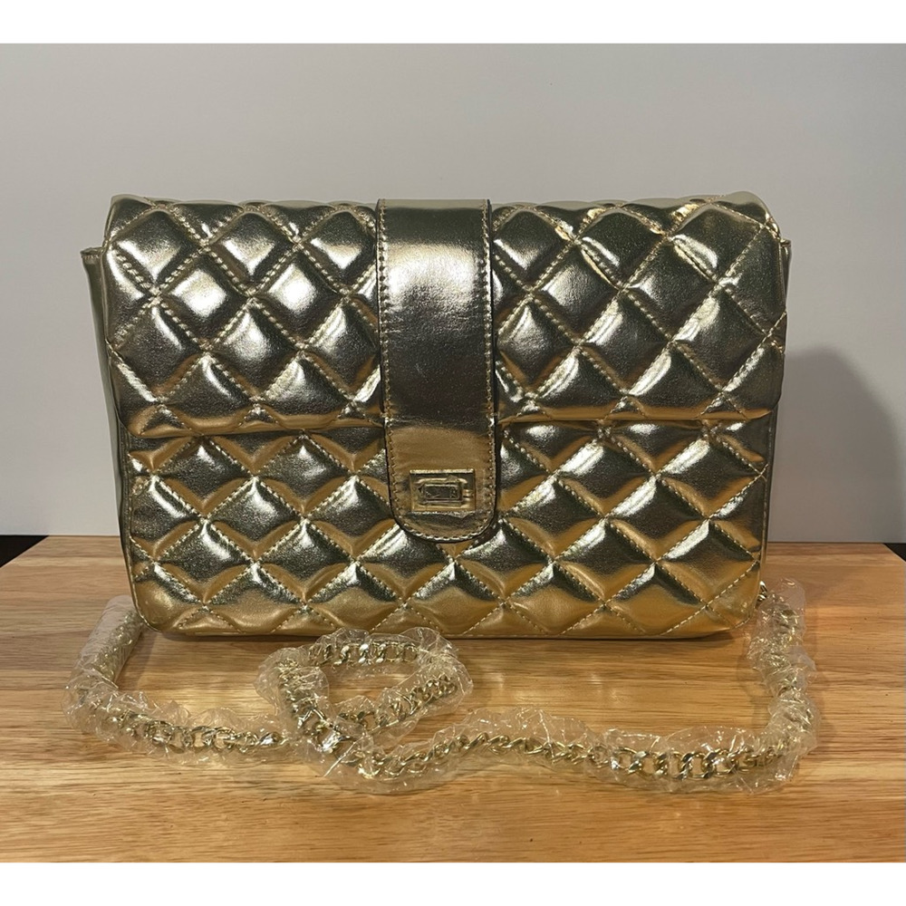 EY Boutique Womens Crossbody Shoulder Bag Gold Quilted Snap Flap Chain Strap